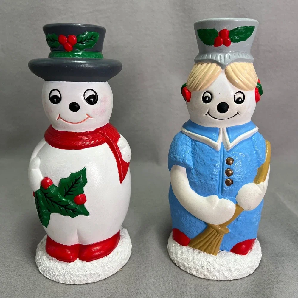 Vintage Hand Painted Ceramic Snowman Couple Taper Candlestick Holders Christmas‎
